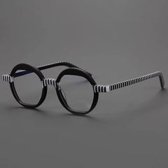 Benon Round Striped Acetate Glasses Frame Round Frames Southood Black
