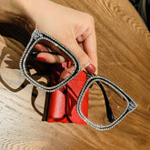 Christina Oversized Rhinestone Glasses Frame Rectangle Frames MON Black