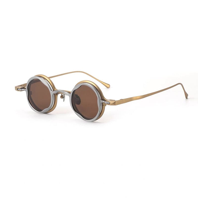MO Round Titanium Glasses Frame With Magnetic Sunglasses Clips Round Frames Southood Silver Gold(Brown)