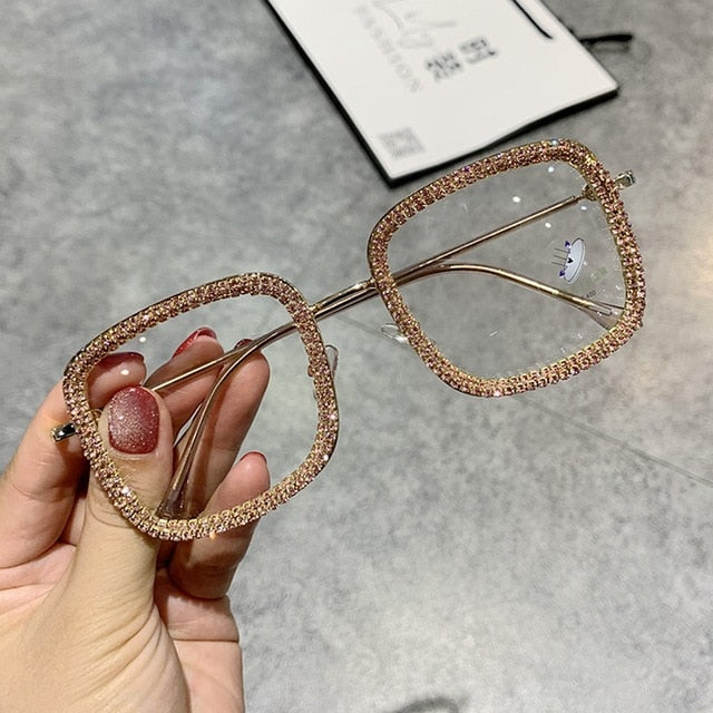 Madge Popular Rhinestone Blue Light Rectangle Glasses Rectangle Frames MON Champne 