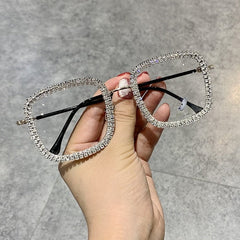 Madge Popular Rhinestone Blue Light Rectangle Glasses Rectangle Frames MON White 